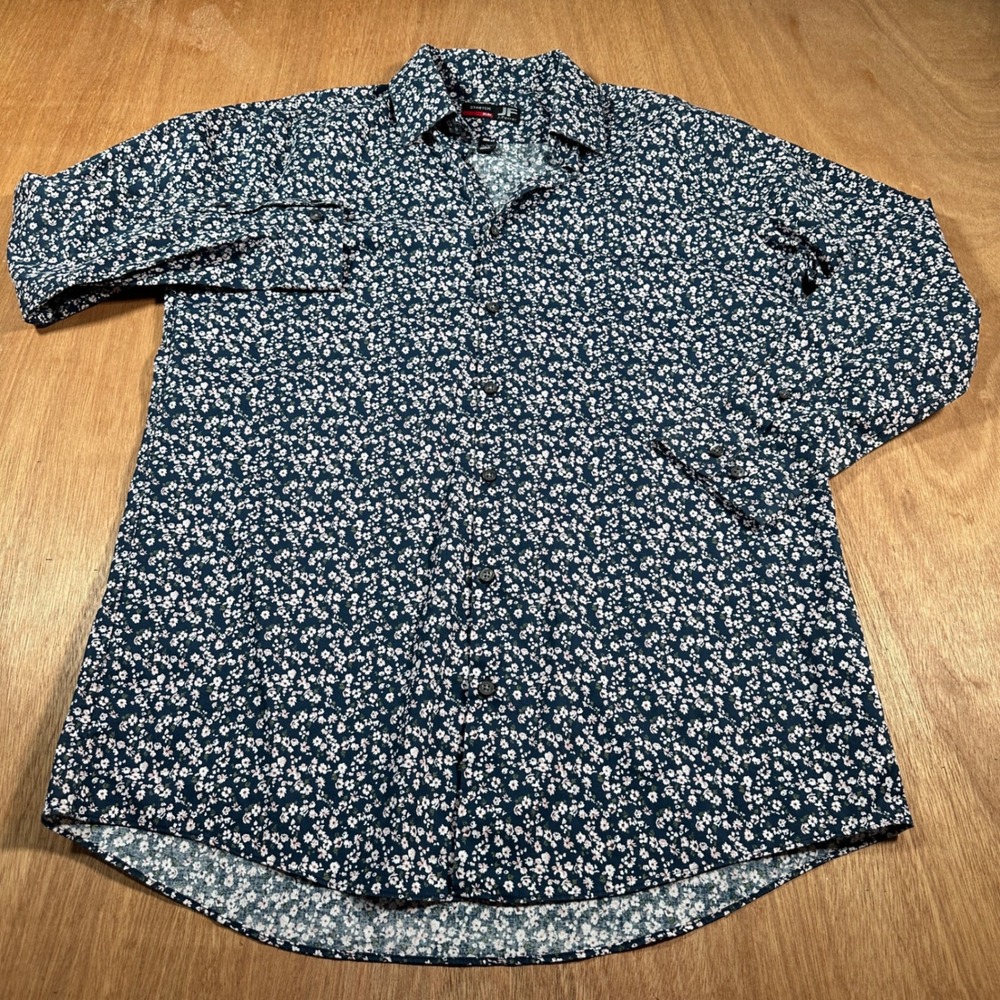 J. Ferrar Button Down Shirt Mens L Navy Blue Floral Slim Fit Stretch Long Sleeve